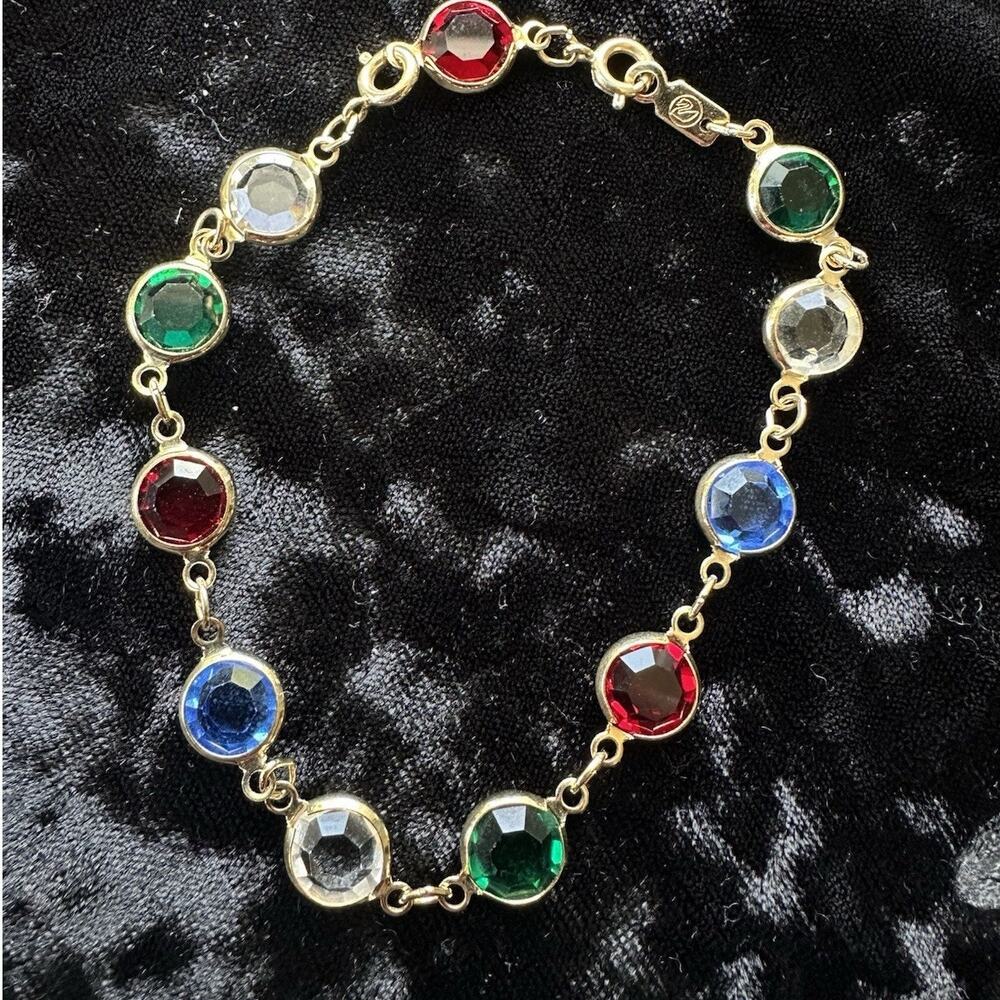 Vintage Stamped SWAN White Red Green Blue Swarovski Crystal 8 1/2" Bracelet